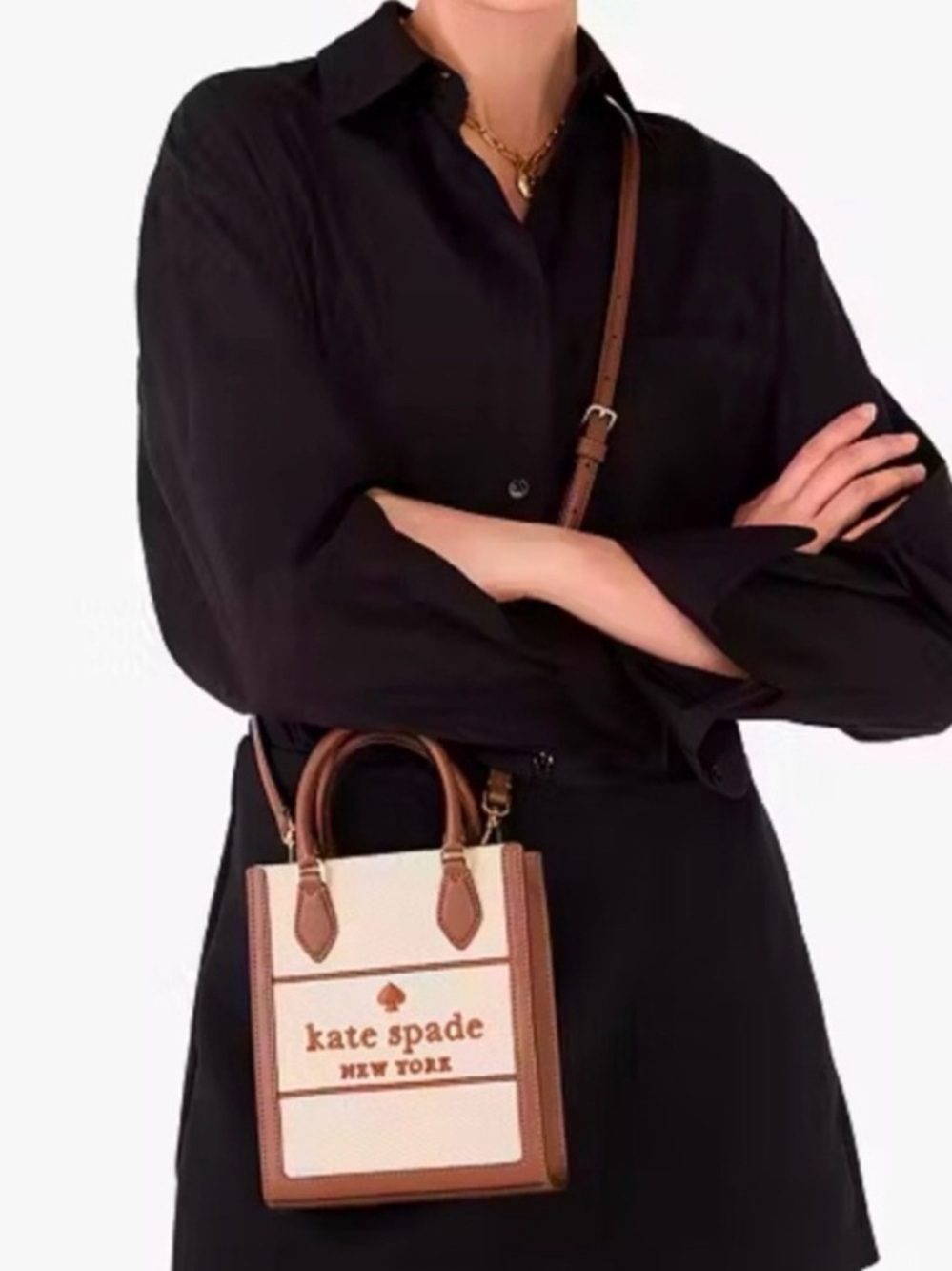 KATE SPADE ♠️ Ellie Canvas Mini Tote in Cognac Tan Leather - Picture 2 of 5